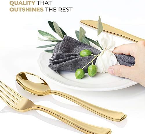 Gold Plastic Silverware Set (300-Pack) – Disposable Heavy Duty Cutlery, 100 Forks, 100 Knives, 100 Spoons for Parties, Weddings, Dinners & Holidays