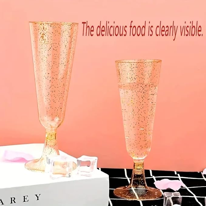 100 Pack Plastic Champagne Flutes 5.5oz Gold Glitter, Disposable Plastic Champagne Glasses, Suitable for Wedding, Birthday Party, Thanksgiving Day, Christmas Supplies