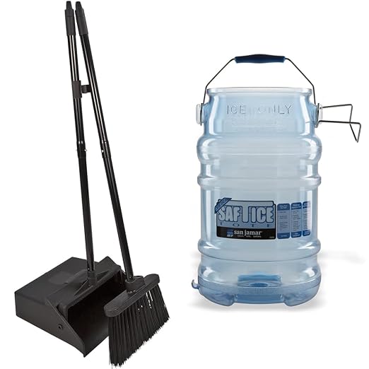 Carlisle FoodService Products Duo-Pan Upright Dust Pan and Broom Broom Set with Clip & San Jamar Saf-T-Ice Plastic Ice Tote, Ice Bucket with Drying and Storage Hook for Restaurants, Bars, Black