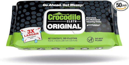 Crocodile Cloth Original Cleaning Wipes, Heavy-Duty Multi-Surface Hand & Tool Wipes, Water-Based, Safe on Skin, 50 Count, 15 x 10 Inch