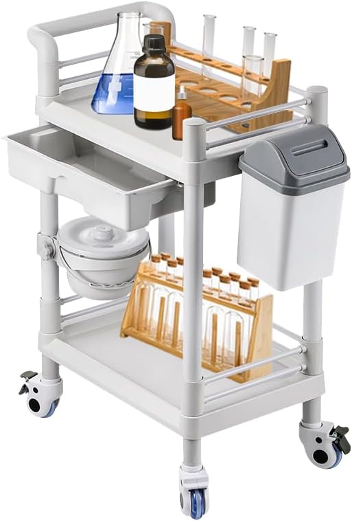 Mount Plus MT01 2 Tier Mobile Medical Cart Trolley with Drawer, Trash Cans, Waste Bowl | Beauty Salon Rolling Trolley with 360° Rotate Wheels | Heavy Duty Utility Cart for Hospital Dental Clinic