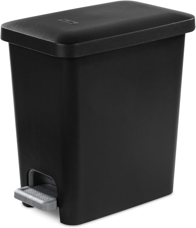 Sterilite 2.7 Gallon Rectangular StepOn Wastebasket with Lid, Small Plastic Trash Can for the Bathroom, Bedroom or Home Office, Pedal and Liner, Black, 2-Pack
