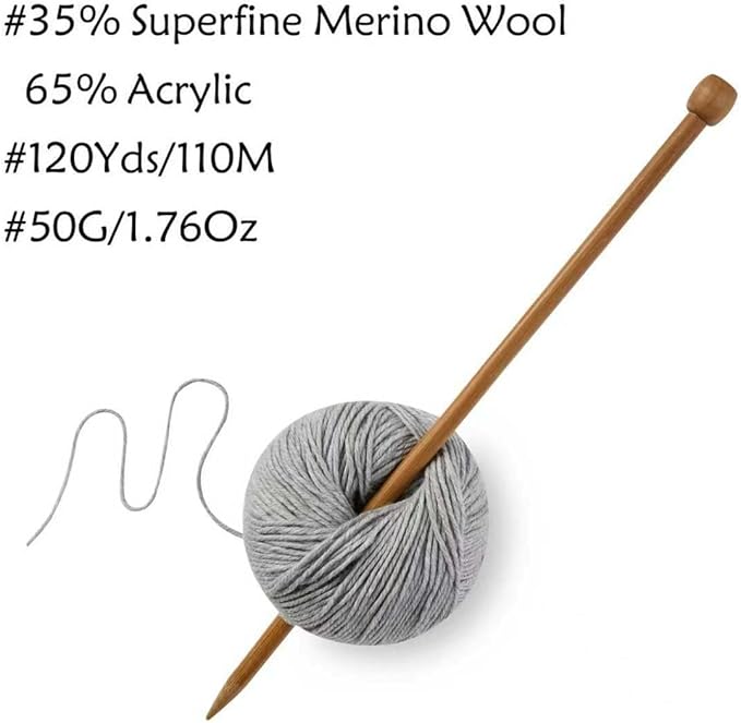 Merino Wool Yarn, 12-Ply Luxurious and Soft Yarn for Hand Knitting & Crocheting, 1.76 OZ/50g, 120 yds/110 Meters(Light Gray,2Balls)