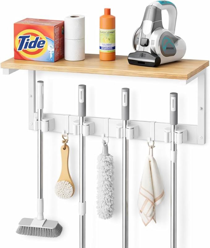 Upgraded Broom Holder Wall Mount with Shelf, Mop and Broom Organizer Wall Hanging, Cleaning Supplies Organizer (small)