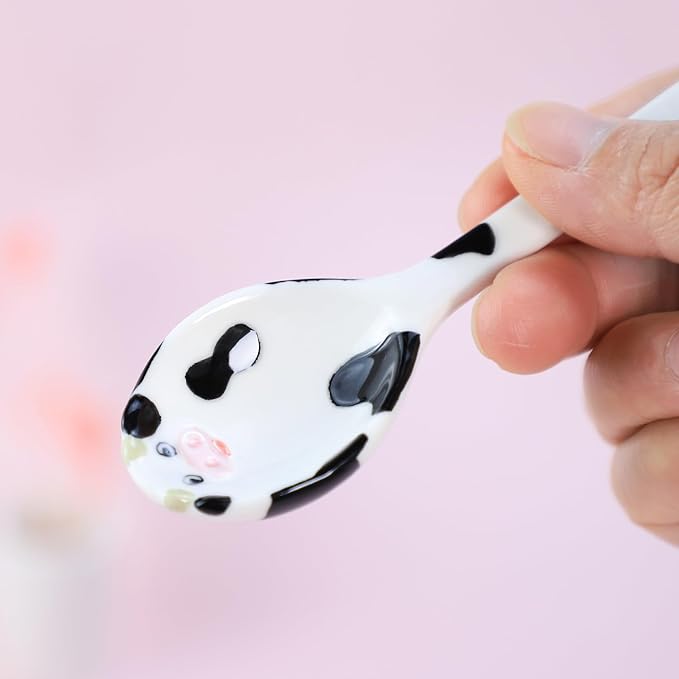Sizikato 4pcs Porcelain Measuring Spoons with Base, Cow Shaped Ceramic Measuring Spoon Set