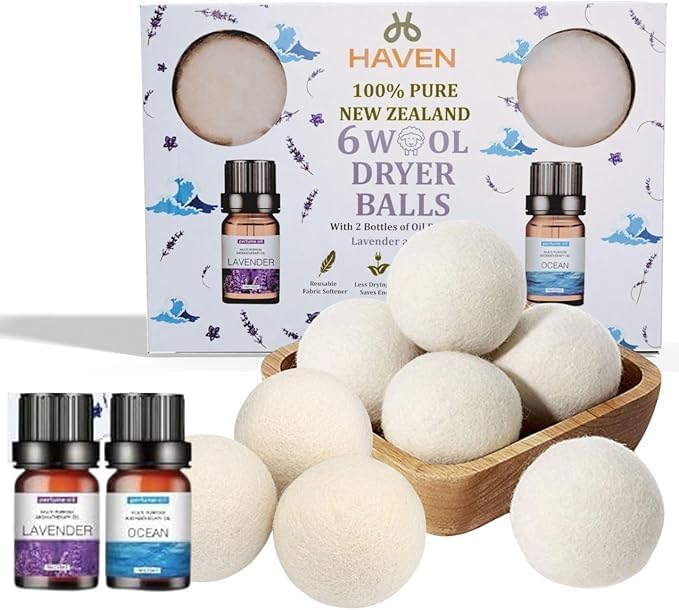 Haven Wool Dryer Balls with Essential Oils – 6-Pack Natural Reusable Laundry Balls with Lavender & Ocean Scents – Eco-Friendly Fabric Softener Alternative, Reduces Wrinkles & Drying Time