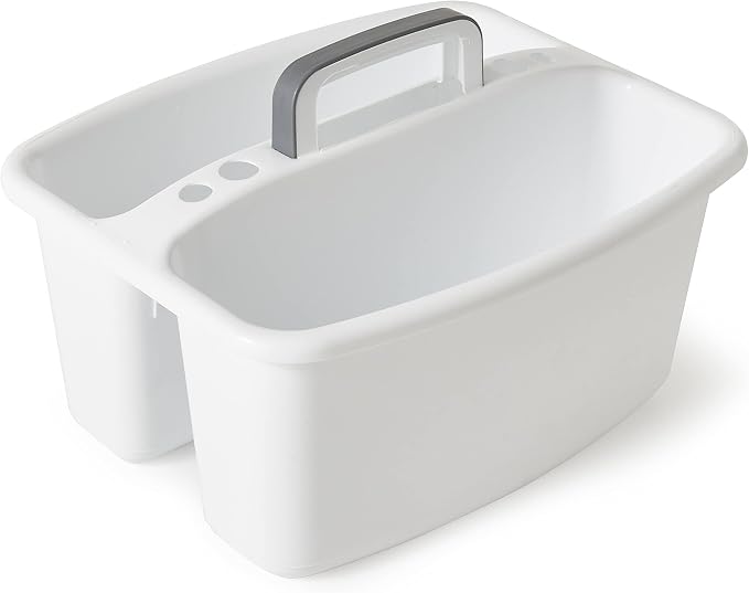 Gracious Living Storage Caddy, 2-Compartment Portable Plastic Tote with Handle for Cleaning Supplies, Craft Organization, & Makeup, White/Gray