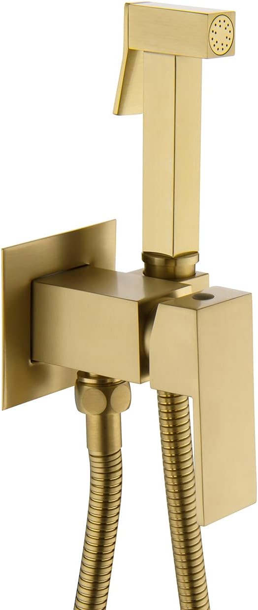Handheld Bidet Sprayer Head Warm Water Mixing Kit Brushed Gold Brass | Square Bidet Hand Held Sprayer Shattaf Bathroom Attachment for Toilet with Concealed Hot and Cold Mixing Valve