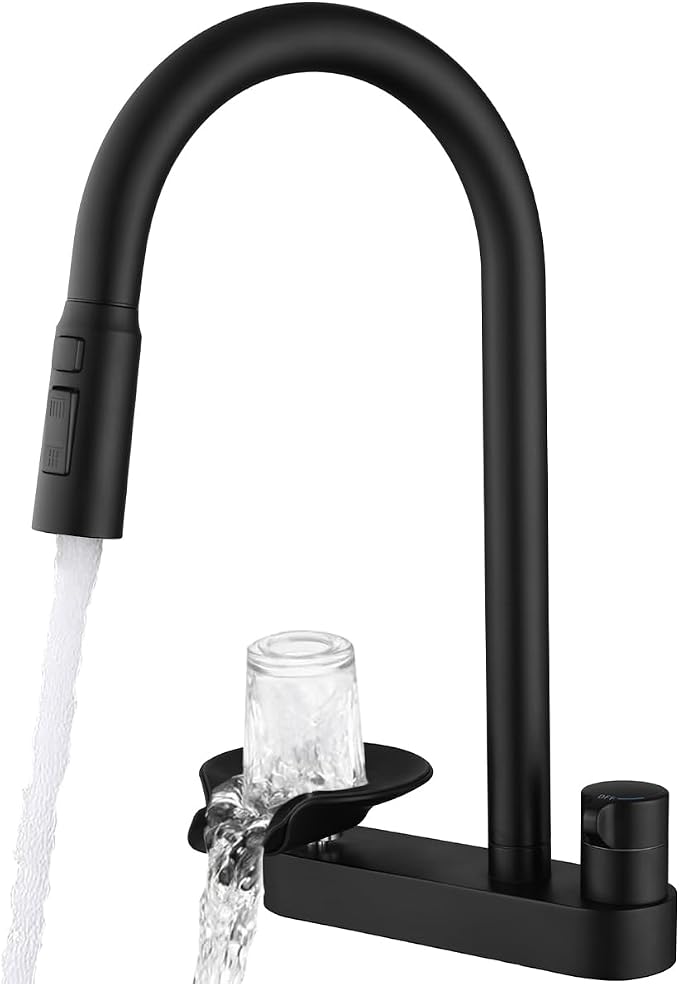 Kitchen Faucet with Pull Down Sprayer & Cup Washer, Glass Rinser Faucet for Kitchen Sink, Lead-Free Brass Waterway, 3 Spray Modes Single Handle, Single Hole for Sink Farmhouse RV Bar Black