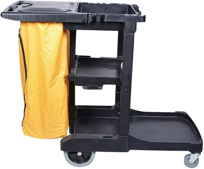 RW Clean Black Plastic Heavy-Duty Janitor Cart - 3 Shelves, 20 gal Nylon Bag, Hinged Lid - 44 1/4" x 20" x 37 3/4" - 1 count box