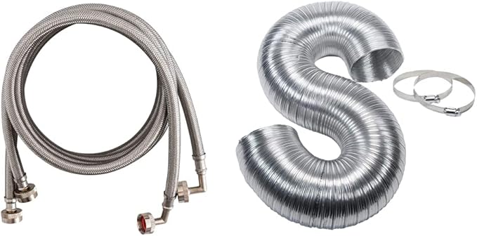 EASTMAN 8' Aluminum Dryer Vent with Clamps Bundle with 2-Pack 6' Stainless Steel Washing Machine Connectors