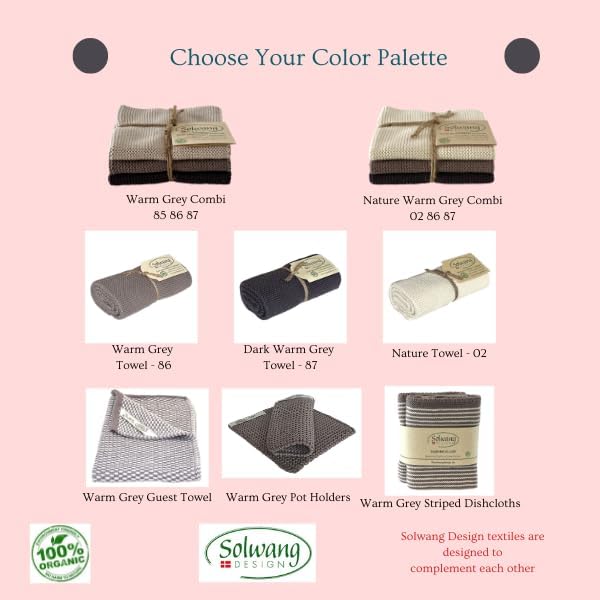 Solwang 3-Piece Danish Cotton Dishcloths in 100% Certified Organic Cotton Made in India (Warm Grey Organic Combi)