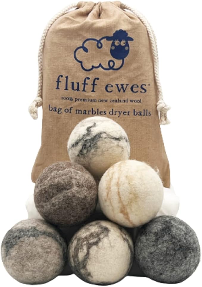 Hustle & Blush Wool Dryer Balls and Essential Oils Blend Bundle Laundry Set, Reduces Drying Time with Long Lasting Fresh Scent Laundry Supplies - 6 Pack Marble Dryer Balls & 15 ml Lavender Rain Oil
