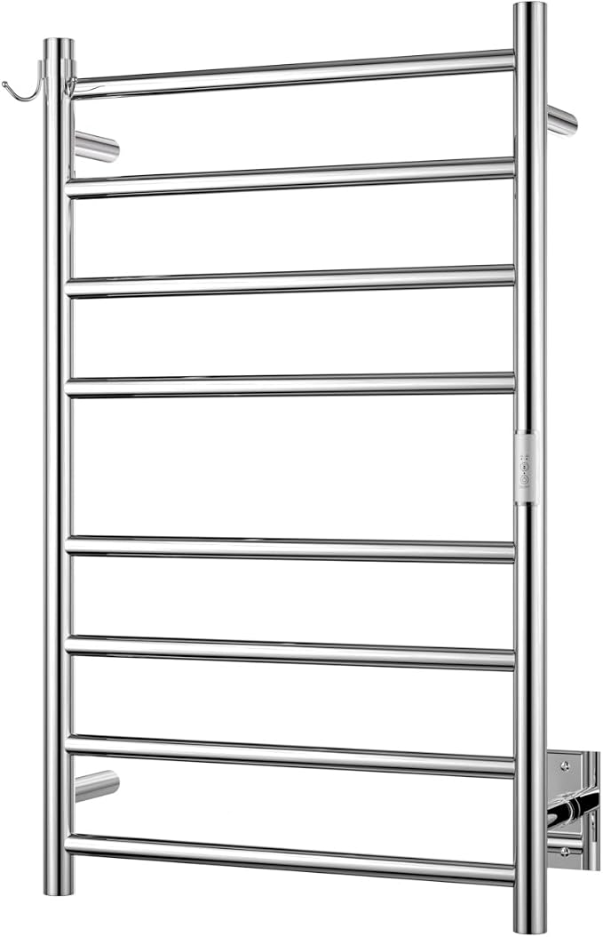 8-Bar Towel Warmer Plug-in Hardwired 3 Modes Mirror Steel 21”W 34”H | can be surface-mounted or flush-mounted, with wiring/cable exit available on either the right or left side.