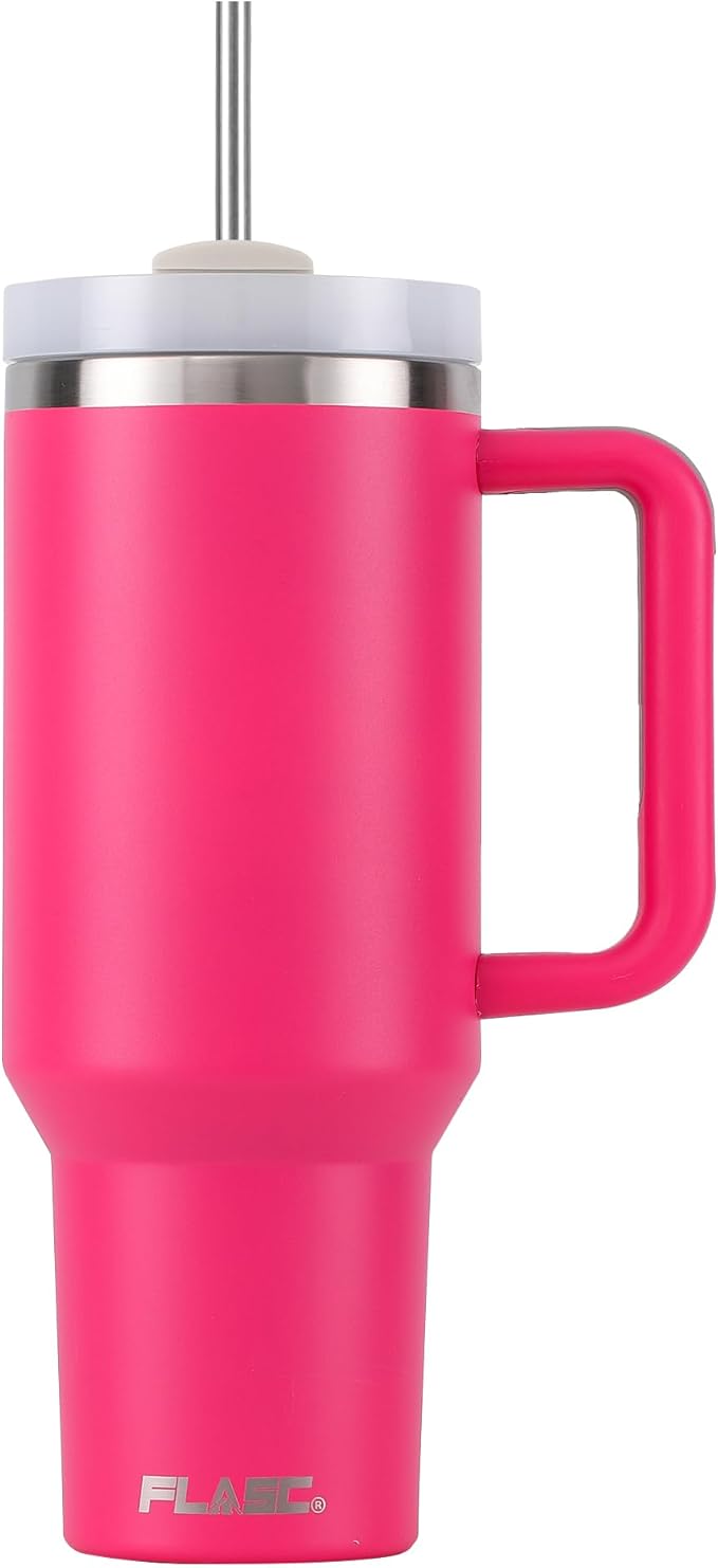 FLASC 40 oz Tumbler With Handle | 100% Leakproof Insulated Tumbler With Lid and Straw | Includes ALL Accessories: Stainless Steel Straw, Silicon Boot, Straw Cover & Cleaner (Hot Pink)