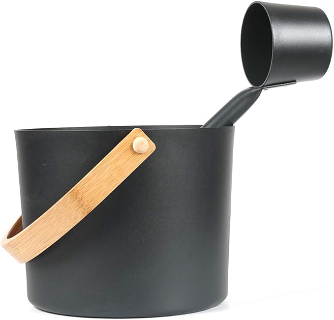 Sauna Bucket and Ladle Set, 1.85 Gallons (7L) Large Aluminum Sauna Bucket with Long Wooden Handle Spoon, SPA Shower Accessories, Saunas Accessories Set for Home Saunas (Color:Black)