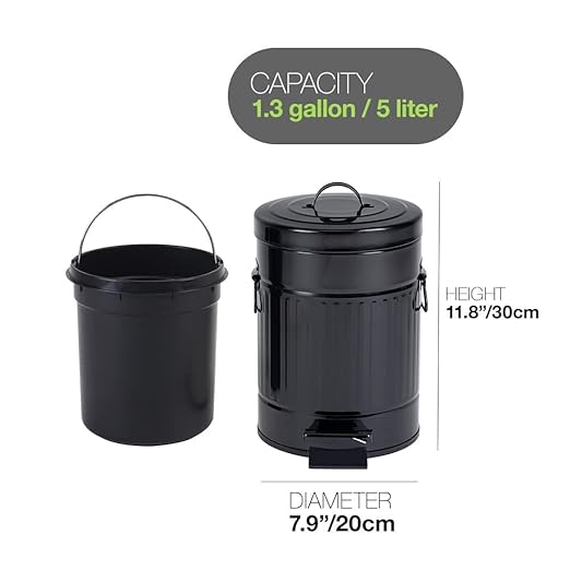 Bathroom Trash Can with Lid, Small Waste Basket for Home Bedroom, Retro Step Garbage Can with Soft Close, Vintage Office Trash Can, 5 Liter/ 1.3 Gallon, Glossy Black