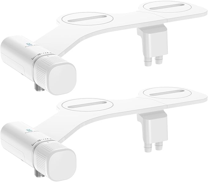 2PCS Ultra-Slim Bidet Attachment, Posterior&Feminine Wash-(Retractable Dual Nozzles), Non-Electric Bidet Attachment for Toilet Seat, Adjustable Fresh Cold Water Pressure, Stainless Steel Inlet (White)