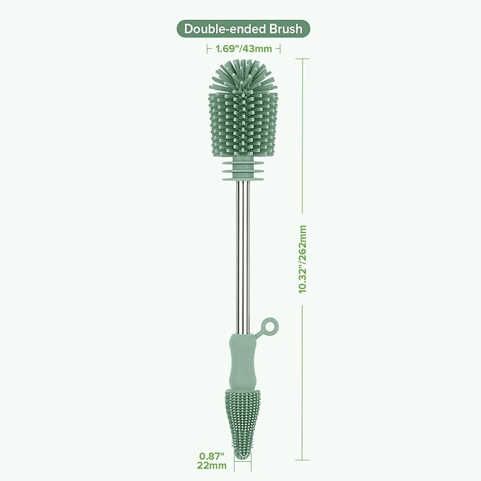 haakaa Cleaning Brush Silicone Bottle Brush Double-Ended Soft Silicone Bristles for Breast Pumps, Breast Milk Collectors, Baby Bottles, Teats, Breastmilk Storage Bags, Pea Green-1pk