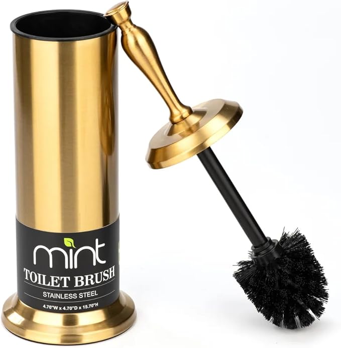 J&V TEXTILES Toilet Brush, Toilet Bowl Brush with Extra Long Handle Durable Bristles Toilet Scrubber and Covered Holder for Toilet Brush Set for Bathroom Cleaning (Aged Brass)