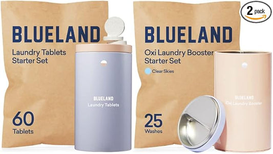 BLUELAND Complete Laundry Starter Set | Laundry Detergent Tablet Set | Oxi Booster Powder Set | Plastic-Free & Eco Friendly | Natural, Gentle, Plant Based