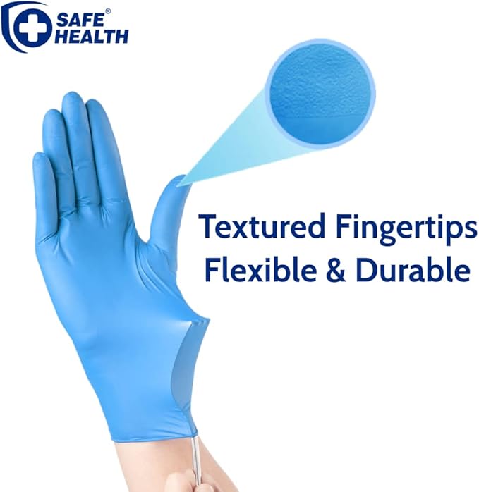 Safe Health Nitrile Exam Gloves – 4 mil, Latex-Free, Powder-Free, Disposable, Blue, Medical Grade, Food, Cleaning Use