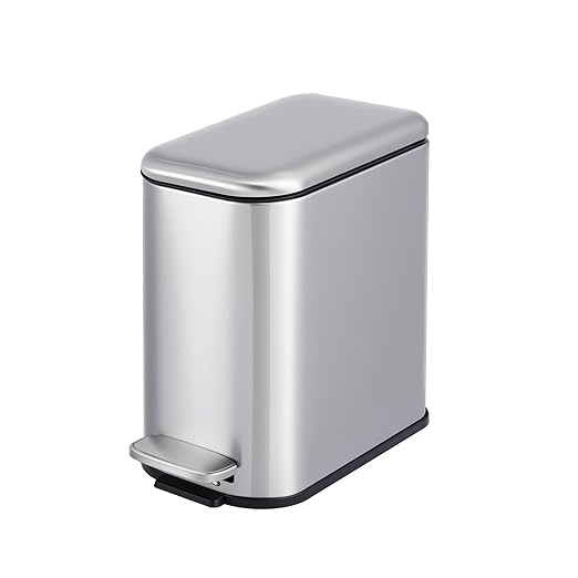 Garvee Bathroom Trash Can with Lid, 1.3 Gallon / 5 Liter Stainless Steel Garbage Can with Removable Liner Bucket, Small Step Wastebasket with Slim Design for Toilet Bedroom Office, Silver