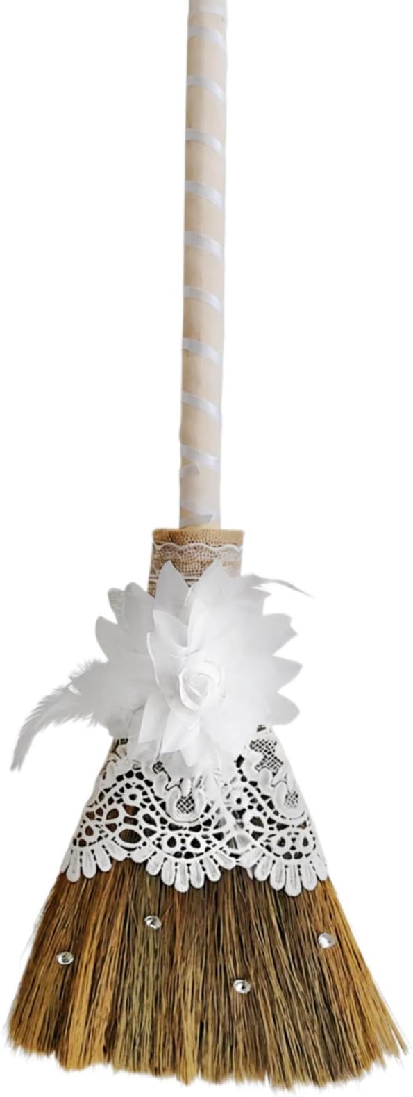 Jumping The Broom African American Wedding Broom, Vintage Elegance Lace Flower with Diamonds DIY Broomstick for Wedding Ceremony (White) (12.6”Width 28.74” Length)