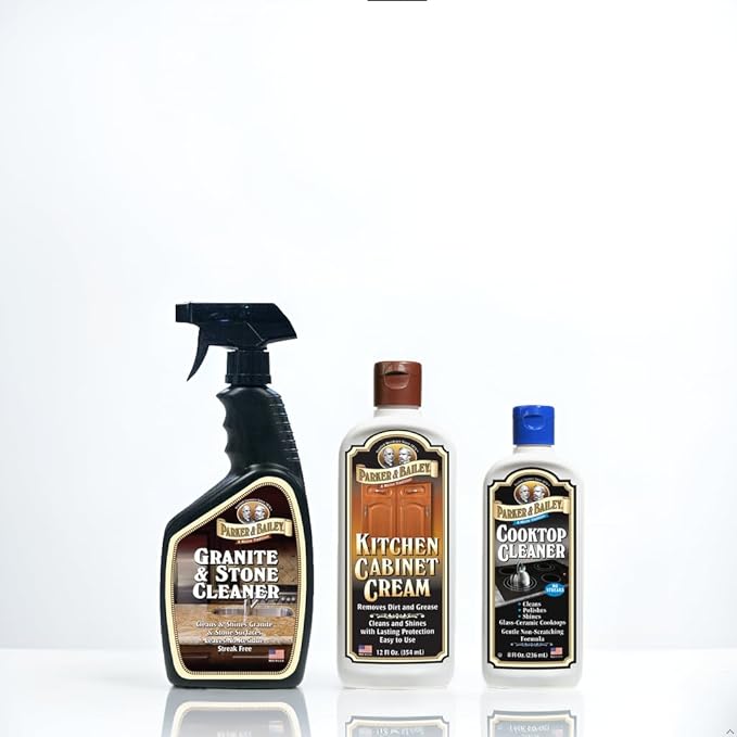 Parker & Bailey Kitchen Cleaning Kit – Granite & Stone Cleaner Spray, Cabinet Cream Wood Restorer, Cooktop Cleaner for Glass & Ceramic – Multi Surface Kitchen Care Bundle