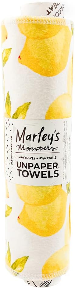 Marley's Monsters UNpaper Towels - 12 Count roll, Reusable Paper Towels Cotton, Tree Free (Vintage Lemons)