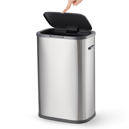 Fashionwu 55L/14.5 Gallon Kitchen Trash Can, Stainless Steel Trash Can with Lid, Anti-Fingerprint Soft-Close Lid Silent, Suitable for Kitchen, Office, Bedroom, Living Room (Gray, Press Top Lid)