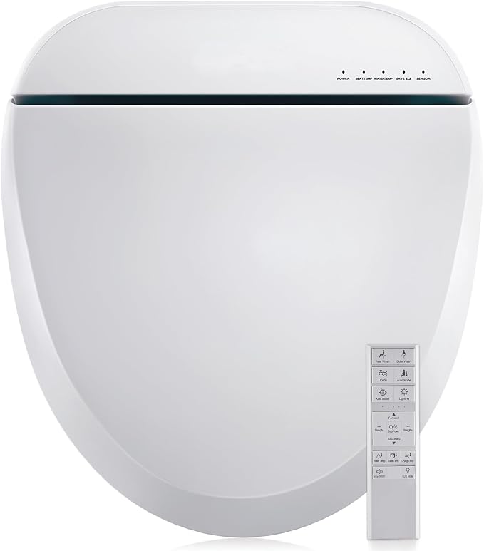 Bidet Toilet Seat 102DS-W, Round, Electronic Heated Seat with Unlimited Warm Water for Home Bathroom, Remote Control, Turbo Wash & Dryer, Night Light, Easy Install - Perfect for Family Use