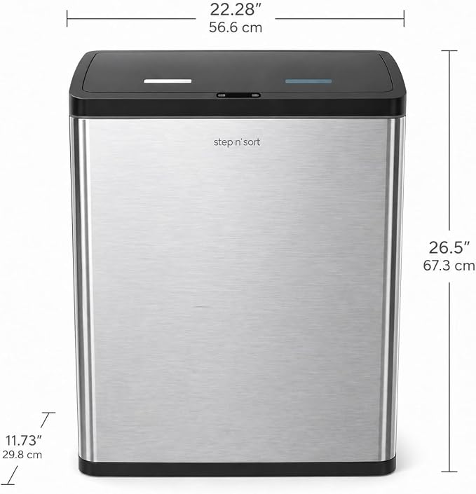 Step N' Sort Motion Sensor Trash Can (60L) – Touchless Stainless Steel Kitchen Garbage & Recycling Bin with Dual Compartments, Soft-Close Lid & Fingerprint-Proof Finish