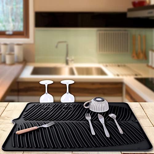 100% Waterproof BPA Free Silicone Dish Drying Mat - 24" x 18" x 0.3" Large Drainer Mat Protection Heat Resistant Trivet Counter Top Mat Sink Non Slip Dish Draining Mat Dish Washer (S, Black)