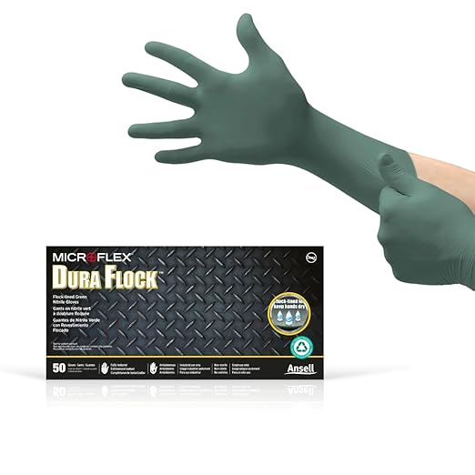 Ansell MICROFLEX Dura Flock DFK-608 Thick 11mil Nitrile Gloves w/Flock Lining for Automotive, Aftermarket, Machinery - XXL, Green (Box of 50)