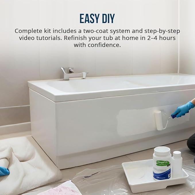 Tub Cast Roll On Bathtub Refinishing Kit by Ekopel – Primer + Top Coat Included – DIY Tub & Tile Reglazing Kit – Bright White Gloss Finish – Longest Lasting PRO/DIY Reglazing Bathtub Paint - Odorless Low VOC Tub Paint Kit – Made in USA (Roll On Non Slip)
