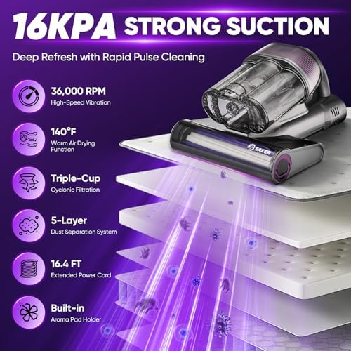 Saker Mattress Vacuum Cleaner with 2 HEPA Replacement Filters, Handheld Bed Vacuum Set with 16KPa Suction, UVC Light, 140°F Heated Air, Aroma Function, 16.4FT Cord for Bed, Sofa, Couch