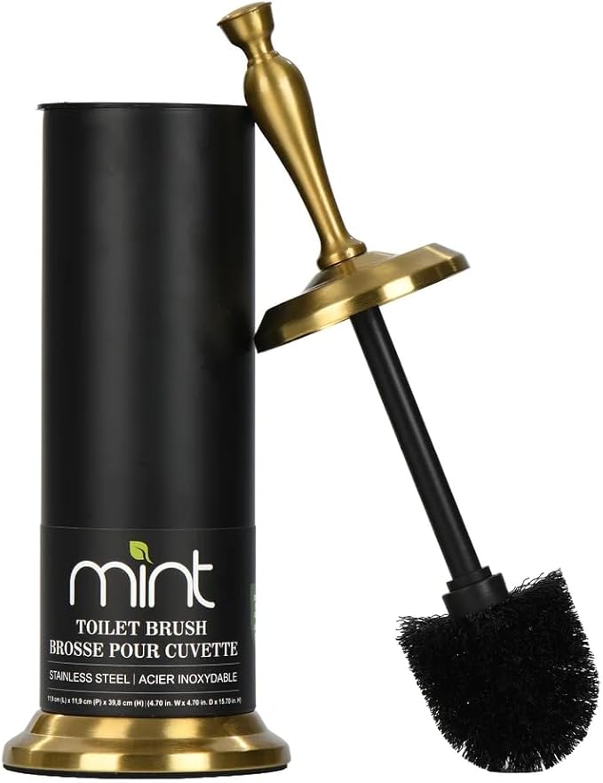 J&V TEXTILES Toilet Brush, Toilet Bowl Brush with Extra Long Handle Durable Bristles Toilet Scrubber and Covered Holder for Toilet Brush Set for Bathroom Cleaning (Matte Black/Aged Brass)