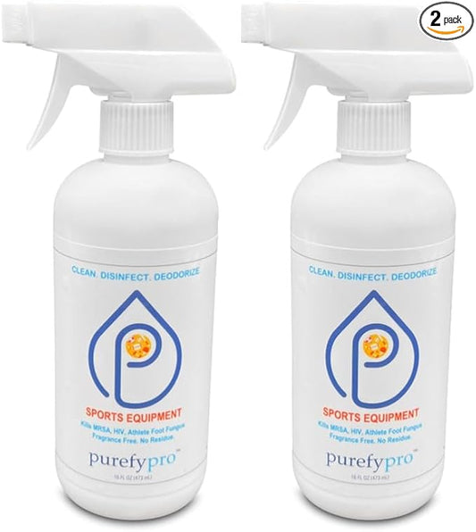 Purefypro Sports Equipment Disinfectant Spray (16oz, 2pk) Kills 99.9999% MRSA, HIV, Athlete Foot Fungus, Virus, Fungi. No Residue. Great For Sports Pads, Yoga Mats, Shoes, Boxing Gloves, Gym Equipment