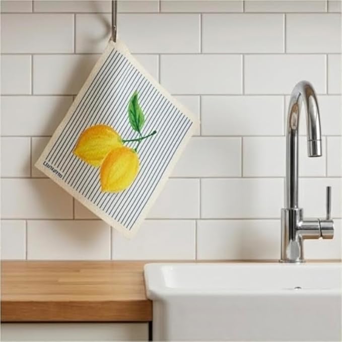 Lemon Collection Swedish Dishcloth, Reusable Paper Towel, Super Absorbent Cellulose Sponge, Kitchen Cleaning Cloth, Washable & Compostable (Lemon Zest - 4 Pack)