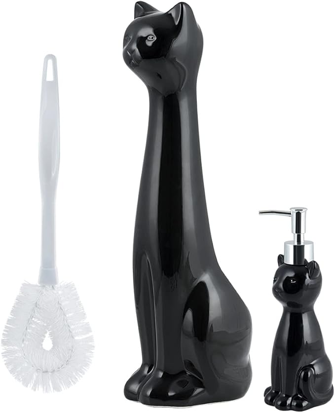 Allure Home Creation Cat 3-Piece Black Ceramic Toilet Brush Holder with White Plastic Brush and Soap Dispenser Set-Black