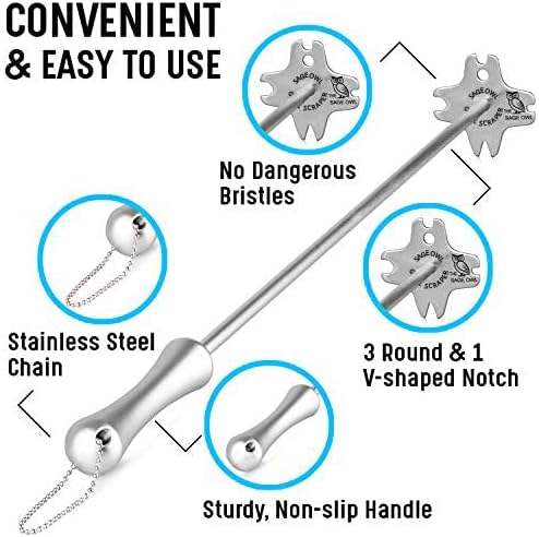 Sage Owl Bristle-Free Stainless Steel BBQ Grill Scraper with 17.5” Handle – Essential Barbecue Tool for Outdoor Charcoal Grills – Unique Cooking Gadgets and Gift for Men Who Have Everything