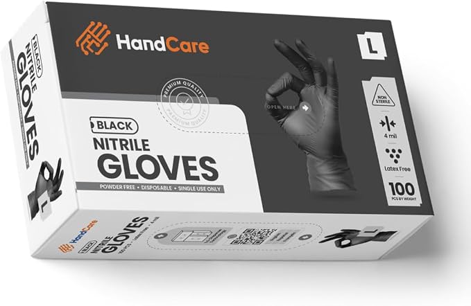 HandCare 4 Mil Black Nitrile Disposable Gloves, Powder-Free & Latex-Free for Tattoo, Food Prep & Cleaning