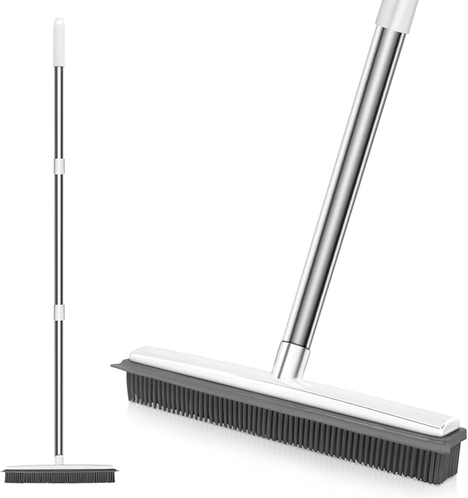 Pet Hair Rubber Broom with Squeegee for Carpet,Fur Remover Broom Carpet Rake for Pet Hair Removal, with 50" Long Handle, Dual-Sided for Hardwood Floor, Tile,Portable Detailing Lint Brush White