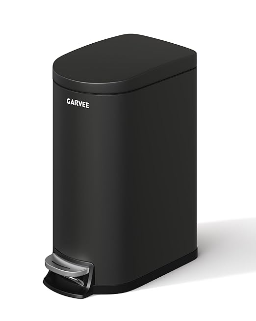 Garvee 2.6 gal / 10 L Metal Bathroom Trash Can with Lid, Slim Waterproof Garbage Can for Bedroom, Small Step-on Trash Bin with Inner Bucket, Rear Handle, Soft Close Lid, Black