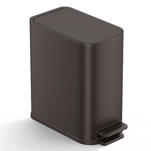 TIPGO Small Bathroom Trash Can with Lid Soft Close, Step Pedal, 1.3 Gallon / 5 Liter Stainless Steel Slim Garbage Can for Office, Diaper Waste Basket with Removable Inner Bucket (Brown)
