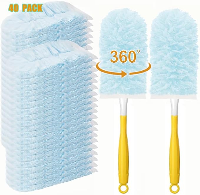 40 Count Duster Refills for Swiffe Duster,360° Heavy Duty Duster Refills, Disposable Microfiber Duster for Cleaning Dusting Furniture Blind Ceiling Fan (40 Count Refills+2 Handle)