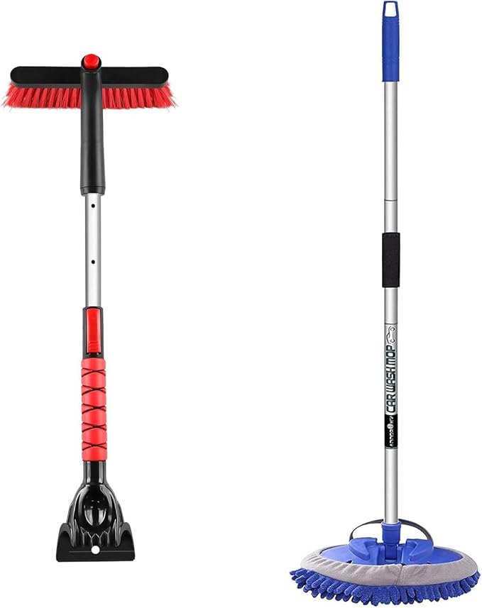 anngrowy 32" Snow Brush for Car Ice Scraper for Windshield Car Scraper for Ice and Snow Scraper with Brush, 62" Microfiber Car Wash Brush Mop Kit Mitt Sponge with Long Handle Car Cleaning Supplies Kit