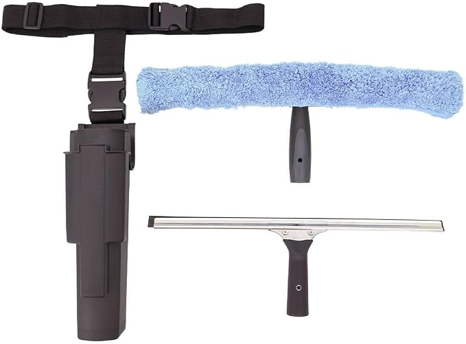 XERO Window Squeegee Cleaning Caddy Kit- Holster Side Bucket with Adjustable Belt -18" Channel with Handle and 1-18" T-Bar Washer with Sleeve Windshield Cleaner Tool