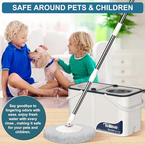 RinseWise Mop Bucket Set with 12 Microfiber Heads, Blue/Gray & White/Blue, Spin Mop, 61-Inch Telescopic Stainless Steel Handle, Multi-Surface Compatible, Hands-Free Wringing